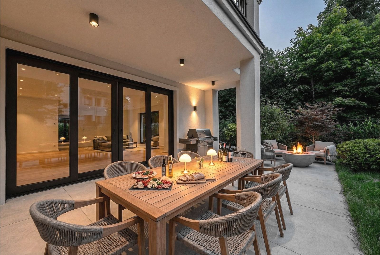 Überdachte Südterrasse am Abend mit gedecktem Tisch